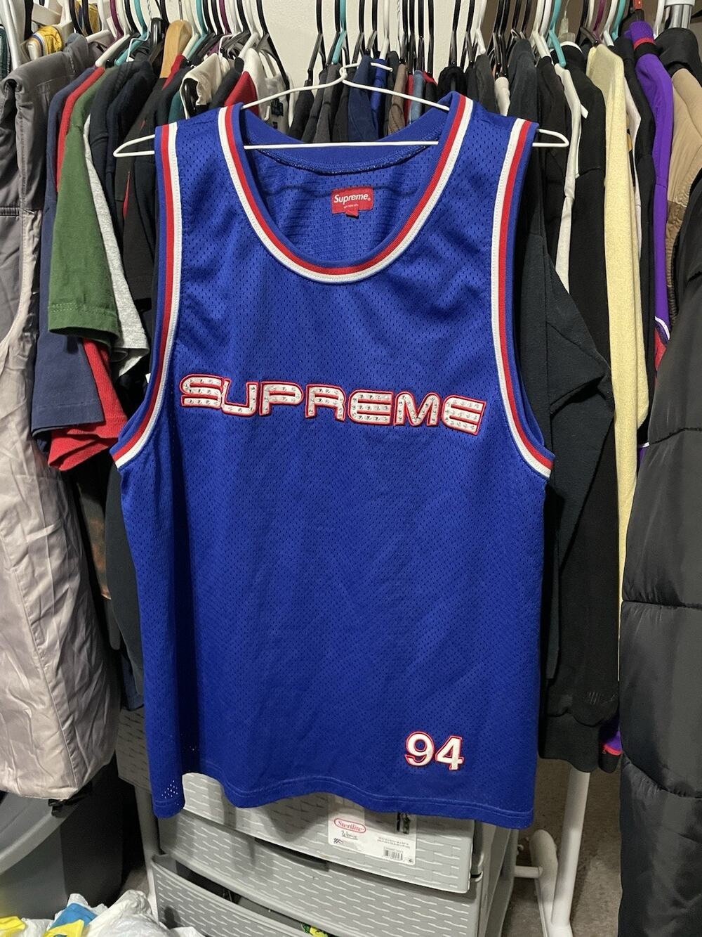 Size L- Supreme Rhinestone Basketball Jersey Royal Blue Rare #94 Size Large Mens